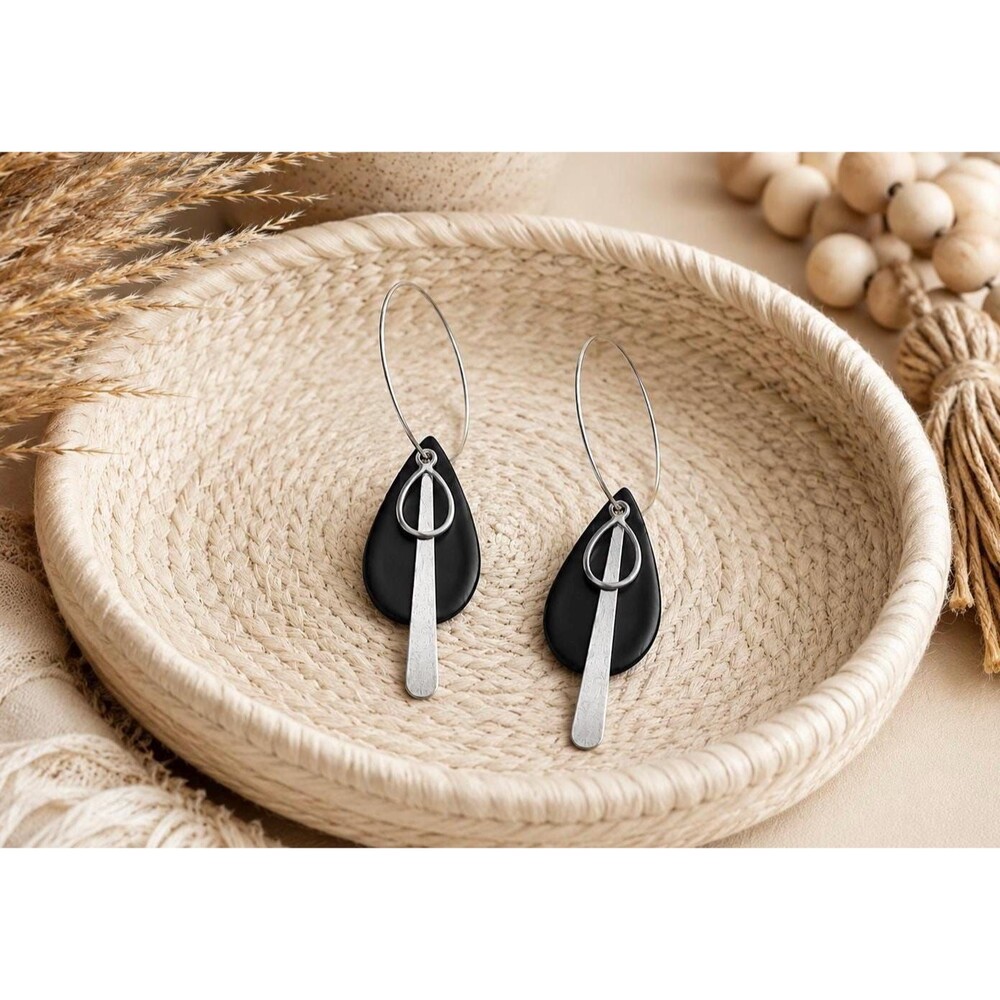 Black Teardrop Polymer Clay Earrings | Lightweight Statement Dangle Earrings